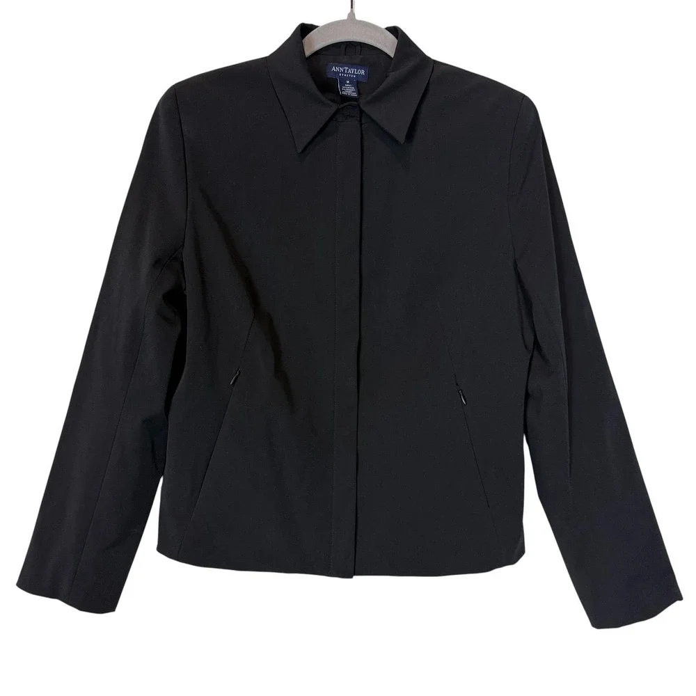 Ann Taylor Jacket Womens Medium Black Stretch Full‎ Zip Lined Pockets Classic